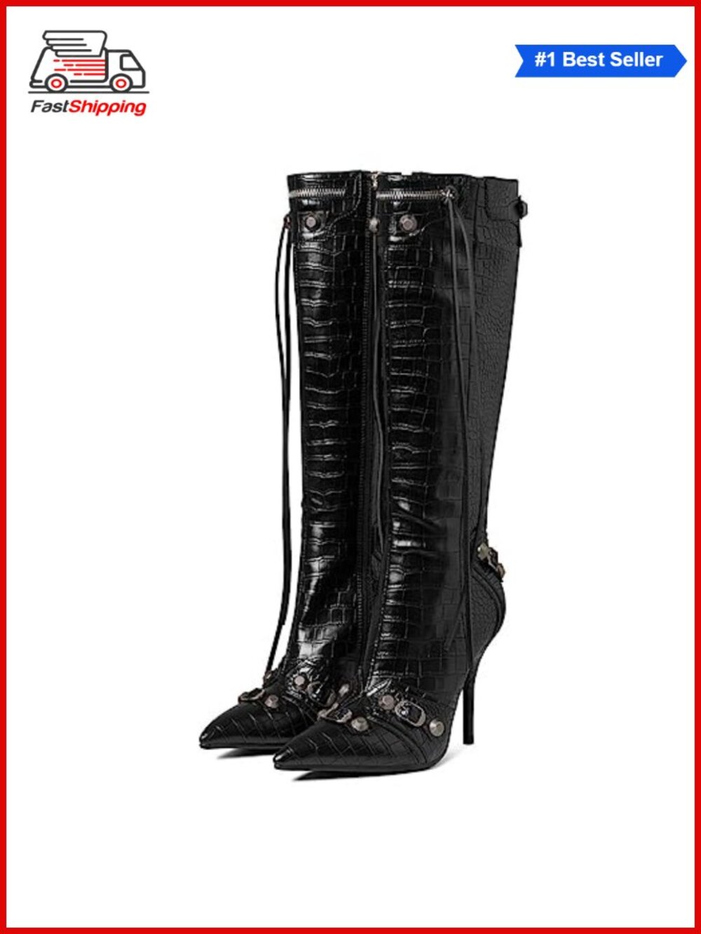 ✨ Oiamenne Knee High Boots Women Pointed Toe Stiletto Studded High Heel Party